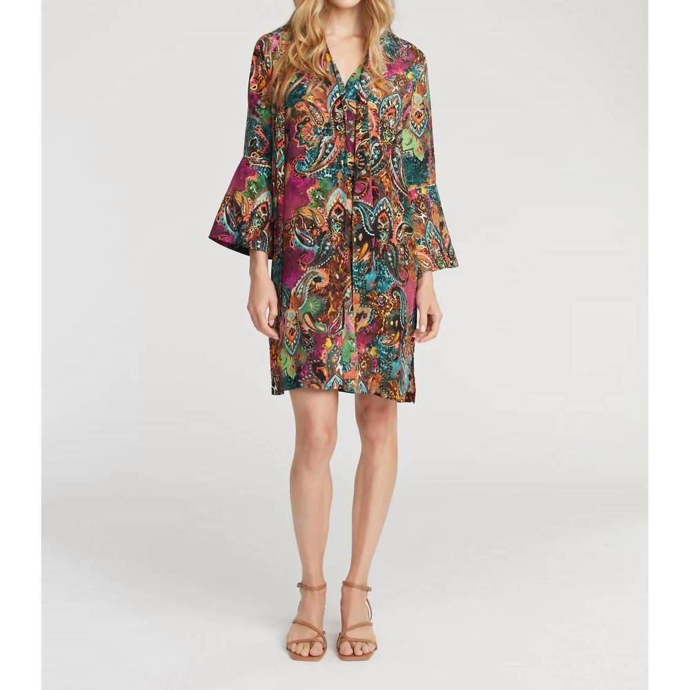 Robert Graham Brenna Tie Neck Long Sleeve Dress Paisley Bell Sleeve Multi Large